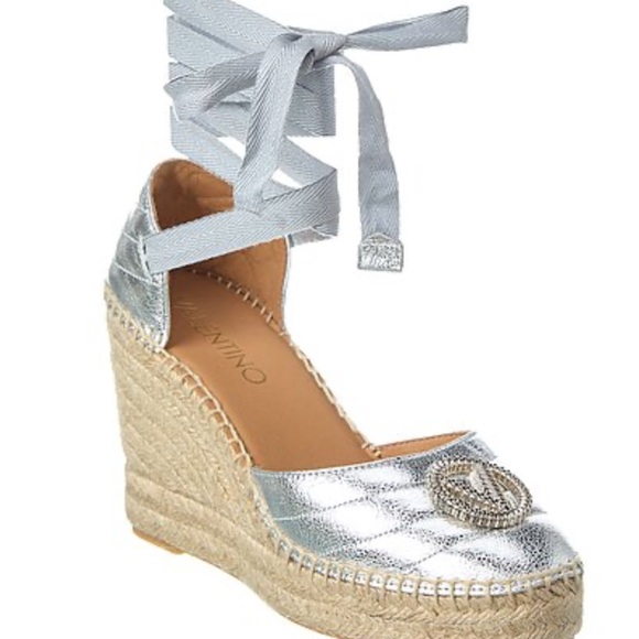 Valentino Silver Espadrille Wedge Sandals